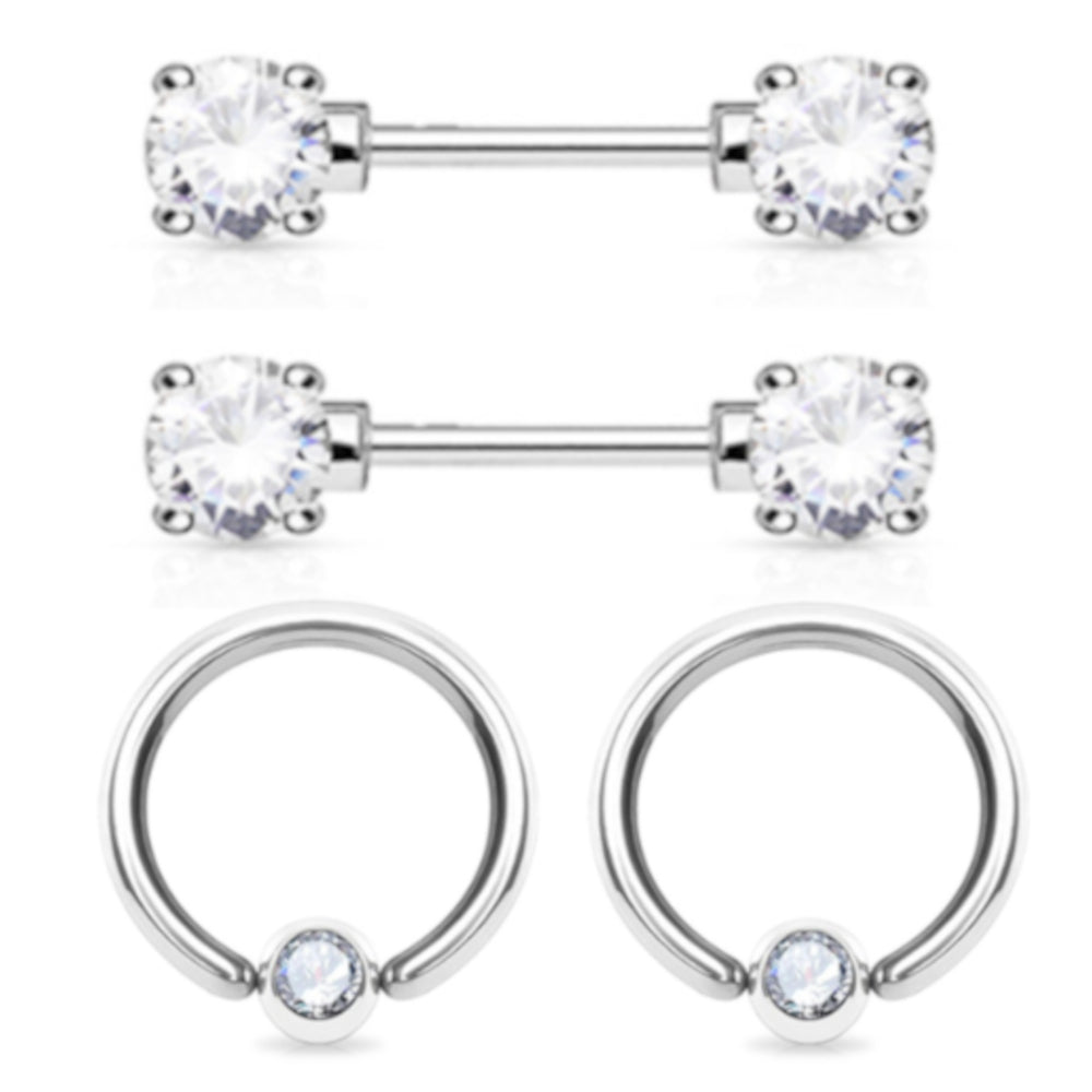 Surgical Steel 14 Gauge CZ Nipple Barbell & Captive Ring - 2 Pack - photo 2