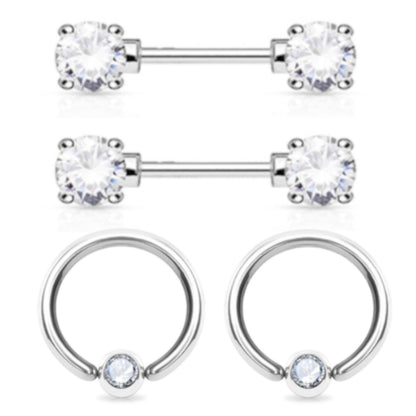 Surgical Steel 14 Gauge CZ Nipple Barbell & Captive Ring - 2 Pack - photo 2