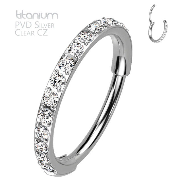 Titanium 20 Gauge Hinged Nose Ring CZ Hoop with Paved Clicker - photo 11