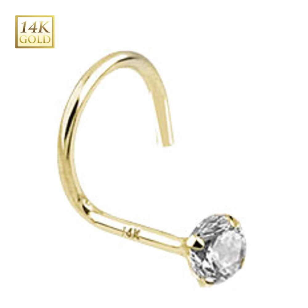 14K Solid Gold Nose Stud with Clear CZ Corkscrew - 18 & 20 Gauge