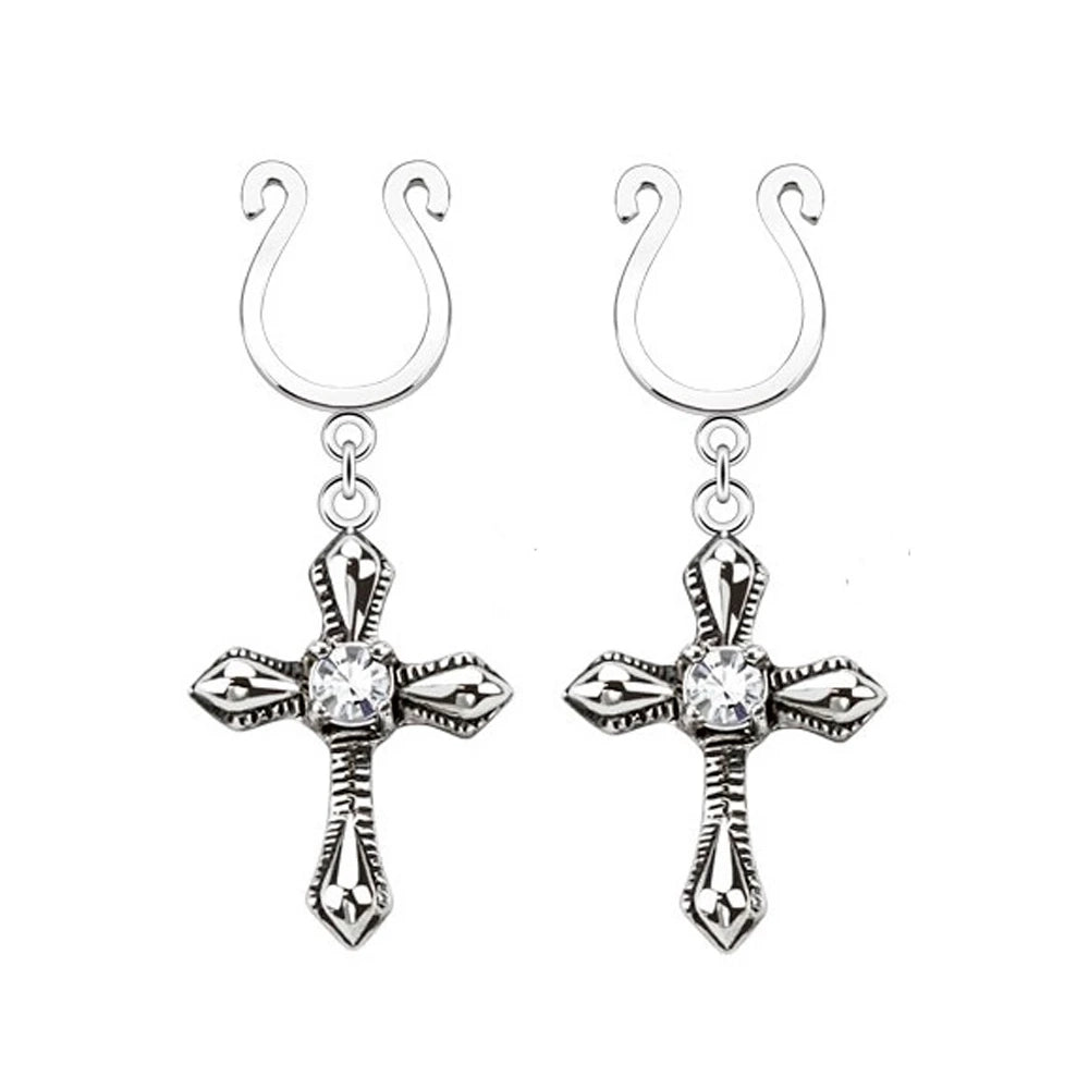 Surgical Steel Dangle Cross CZ Clip On Nipple Rings - Pair - photo 3