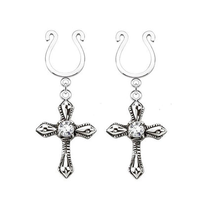Surgical Steel Dangle Cross CZ Clip On Nipple Rings - Pair - photo 3