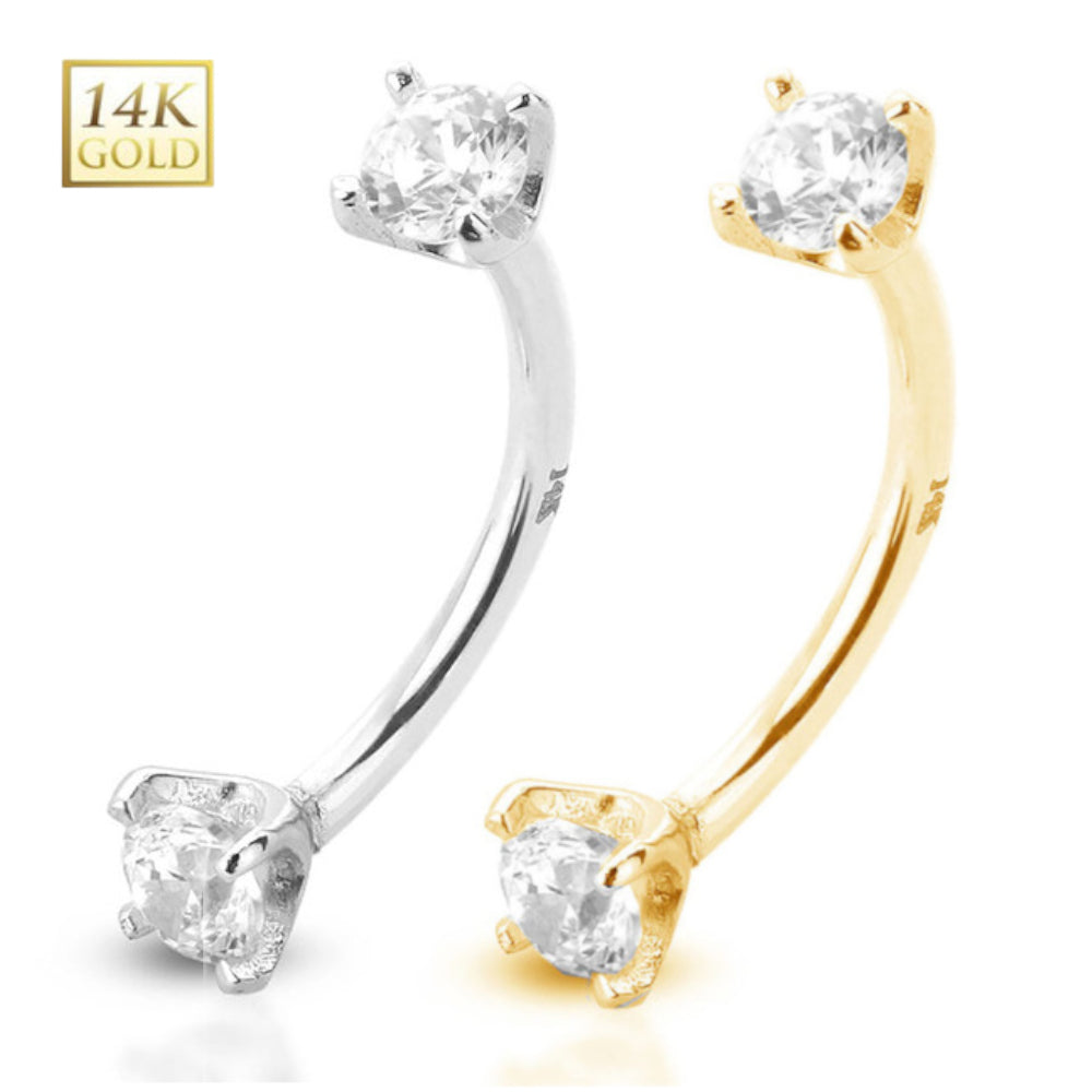 14K Solid Gold 16 Gauge Curved Barbell with Double Prong Set CZ