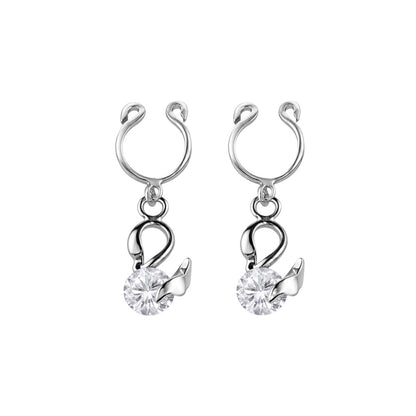 Surgical Steel Non Nipple Barbell CZ Clip On Ring Dangling Swan - Pair
