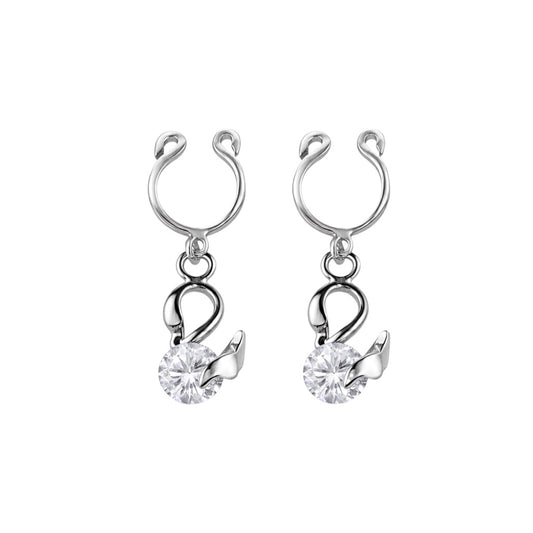 Surgical Steel Non Nipple Barbell CZ Clip On Ring Dangling Swan - Pair