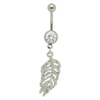 Surgical Steel 14 Gauge Paved CZ Dangling Feather Leaf Belly Ring