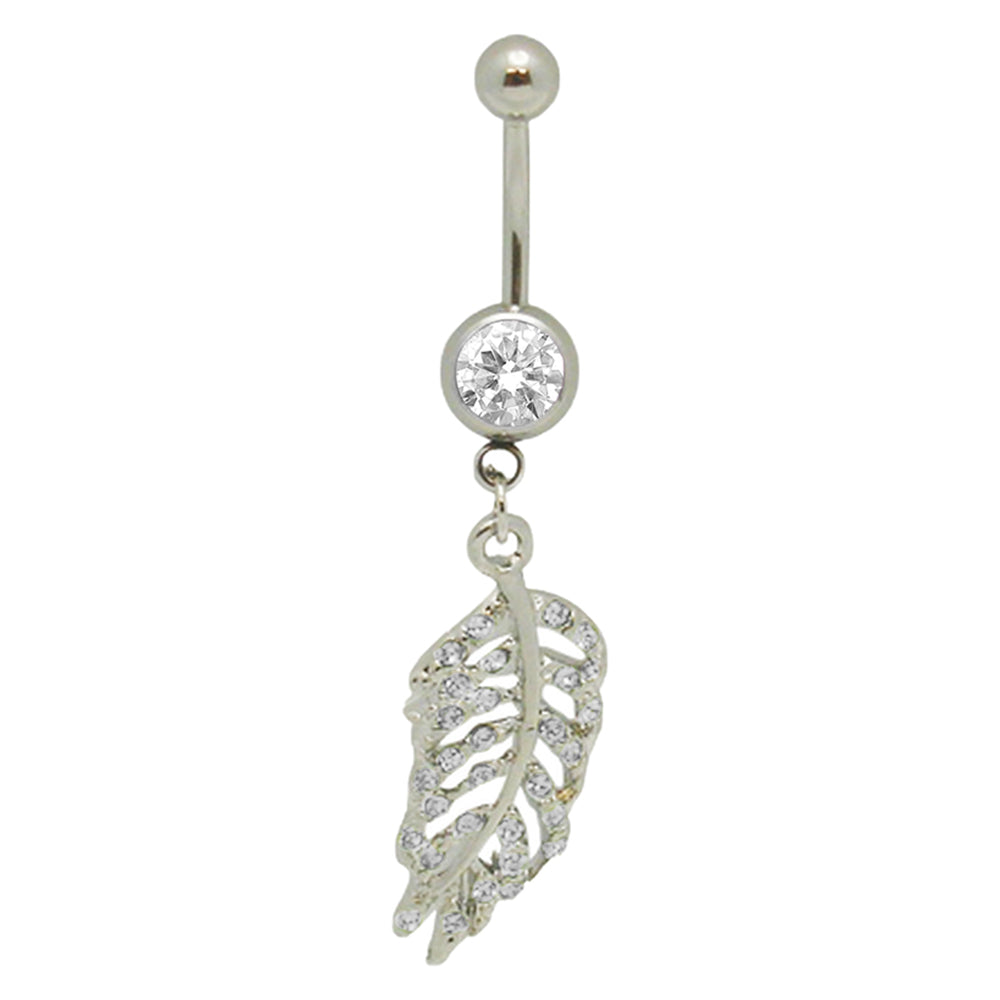 Surgical Steel 14 Gauge Paved CZ Dangling Feather Leaf Belly Ring