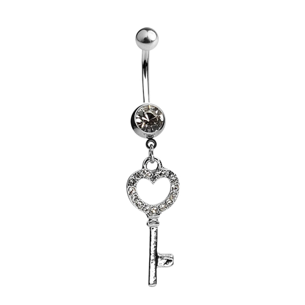 Surgical Steel 14 Gauge Belly Ring with Paved CZ Heart Key Dangle - photo 3