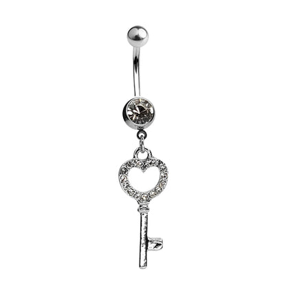 Surgical Steel 14 Gauge Belly Ring with Paved CZ Heart Key Dangle - photo 3