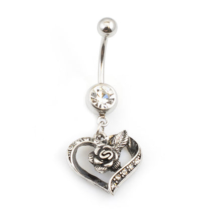 Surgical Steel 14 Gauge Belly Ring with CZ Heart and Rose Dangle - photo 3
