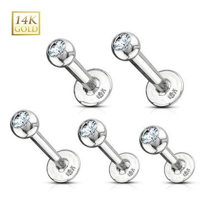 14K Solid Gold 14 and 16 Gauge Flat Back Labret Stud Clear CZ - photo 5