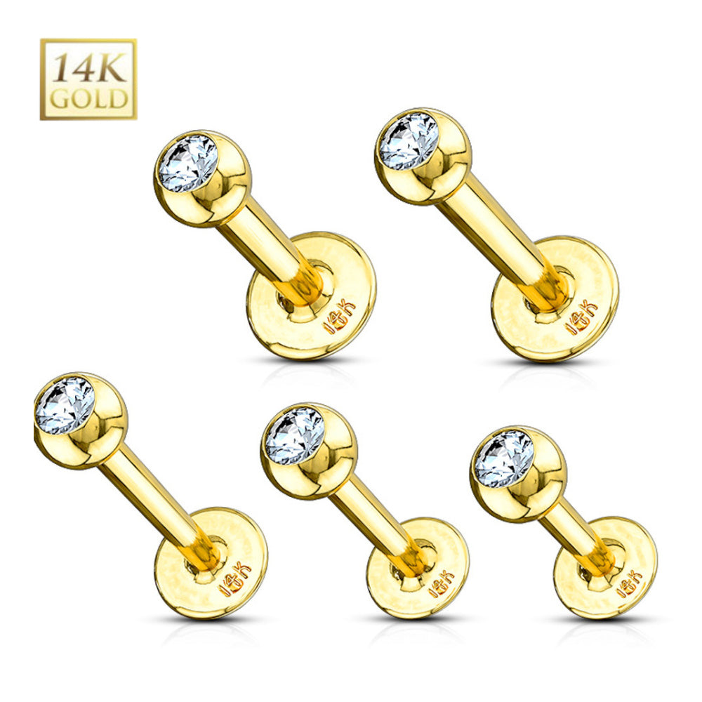 14K Solid Gold 14 and 16 Gauge Flat Back Labret Stud Clear CZ - photo 4