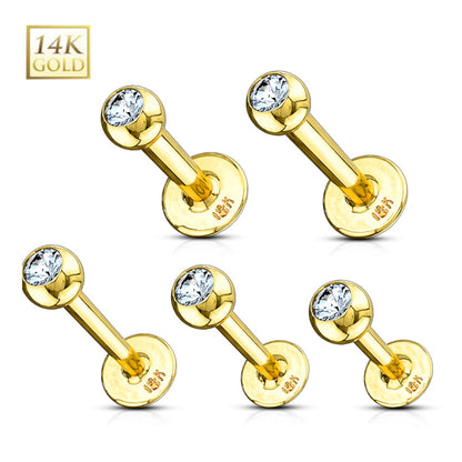 14K Solid Gold 14 and 16 Gauge Flat Back Labret Stud Clear CZ - photo 4