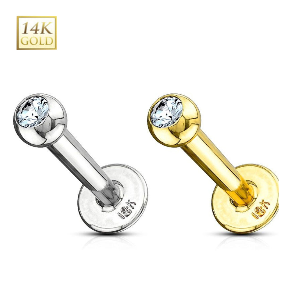 14K Solid Gold 14 and 16 Gauge Flat Back Labret Stud Clear CZ