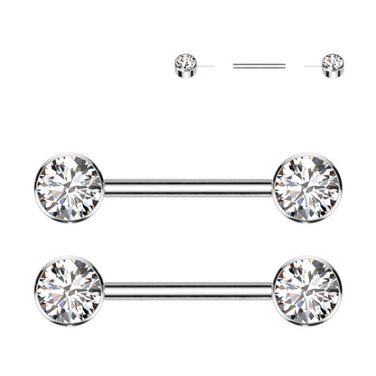 Titanium 14 Gauge Nipple Barbell CZ Forward Facing Flat Bezel - Pair - photo 8