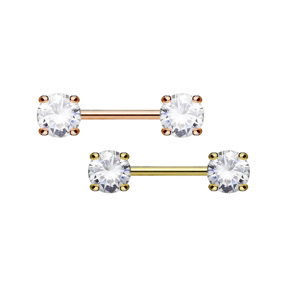Surgical Steel 14 Gauge Crystal CZ Nipple Barbell - Pair
