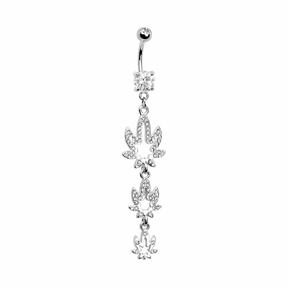 Surgical Steel 14 Gauge Belly Ring with CZ Dangle Pot Leaf