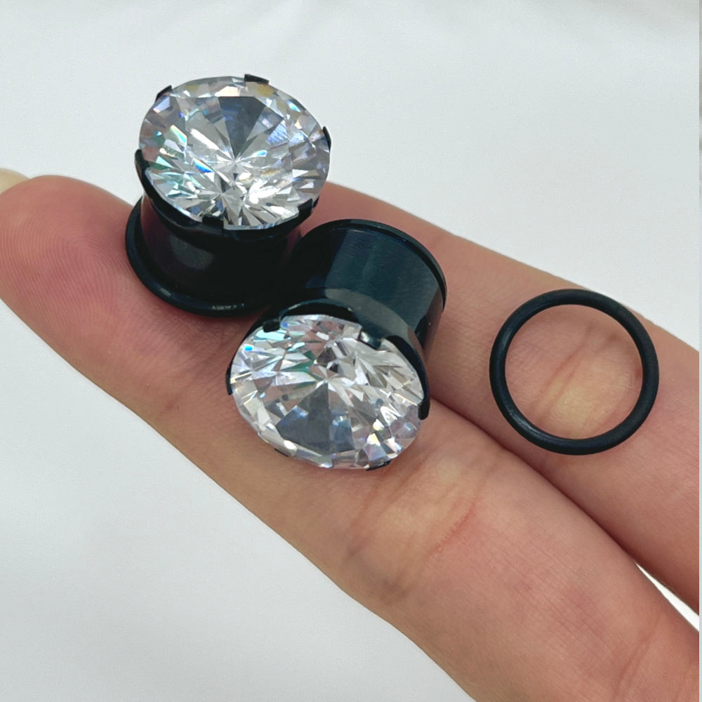 Black Surgical Steel 8 to 9/16 Inch Single Flare Plugs with CZ - Pair - photo 2