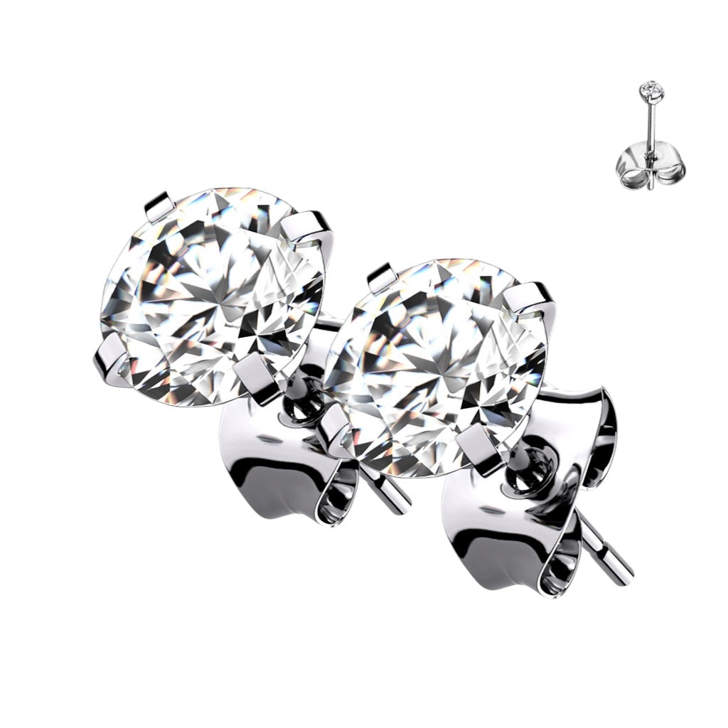 Titanium Prong Set Clear CZ Stud Earrings 20G 2mm to 7mm - Pair