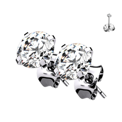 Titanium Prong Set Clear CZ Stud Earrings 20G 2mm to 7mm - Pair