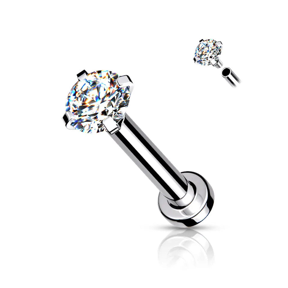 Surgical Steel 18 Gauge Prong CZ Top Flat Back Labret Stud
