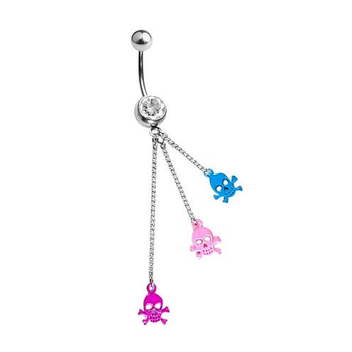 Surgical Steel 14 Gauge Dangle Chain Triple Skull Belly Button Ring