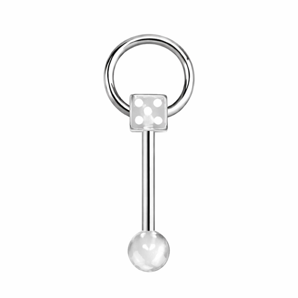 Surgical steel tongue barbell with glow-in-the-dark dice