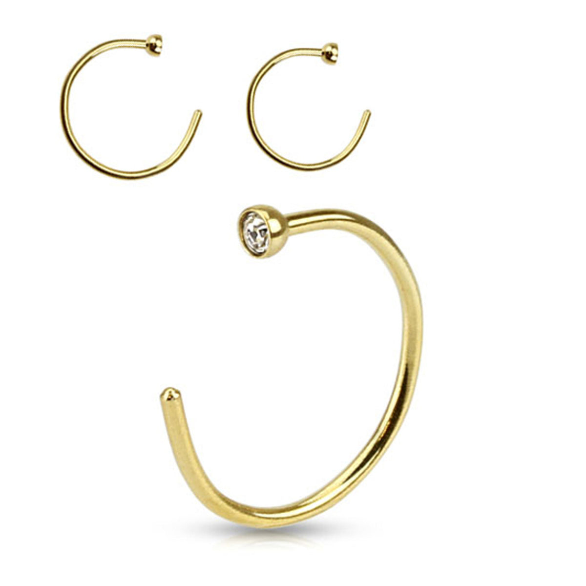 Surgical Steel Nose Ring Hoop 20 Gauge Clear Gemmed Top Gold IP - Kruelty