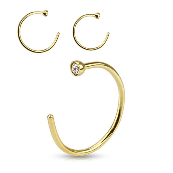 Surgical Steel 20 Gauge Gold Nose Hoop Ring with Clear Gem Top