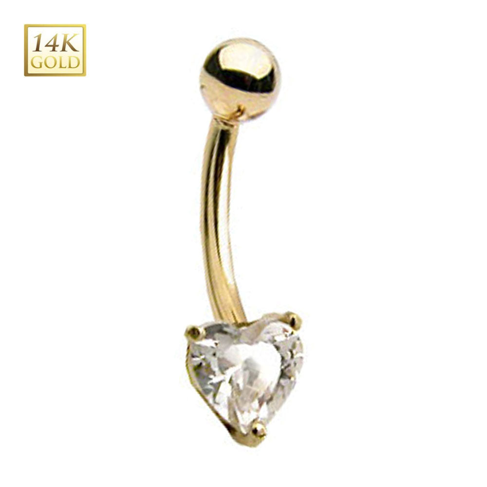 14K Solid Gold 14 Gauge Belly Ring with Clear CZ Heart
