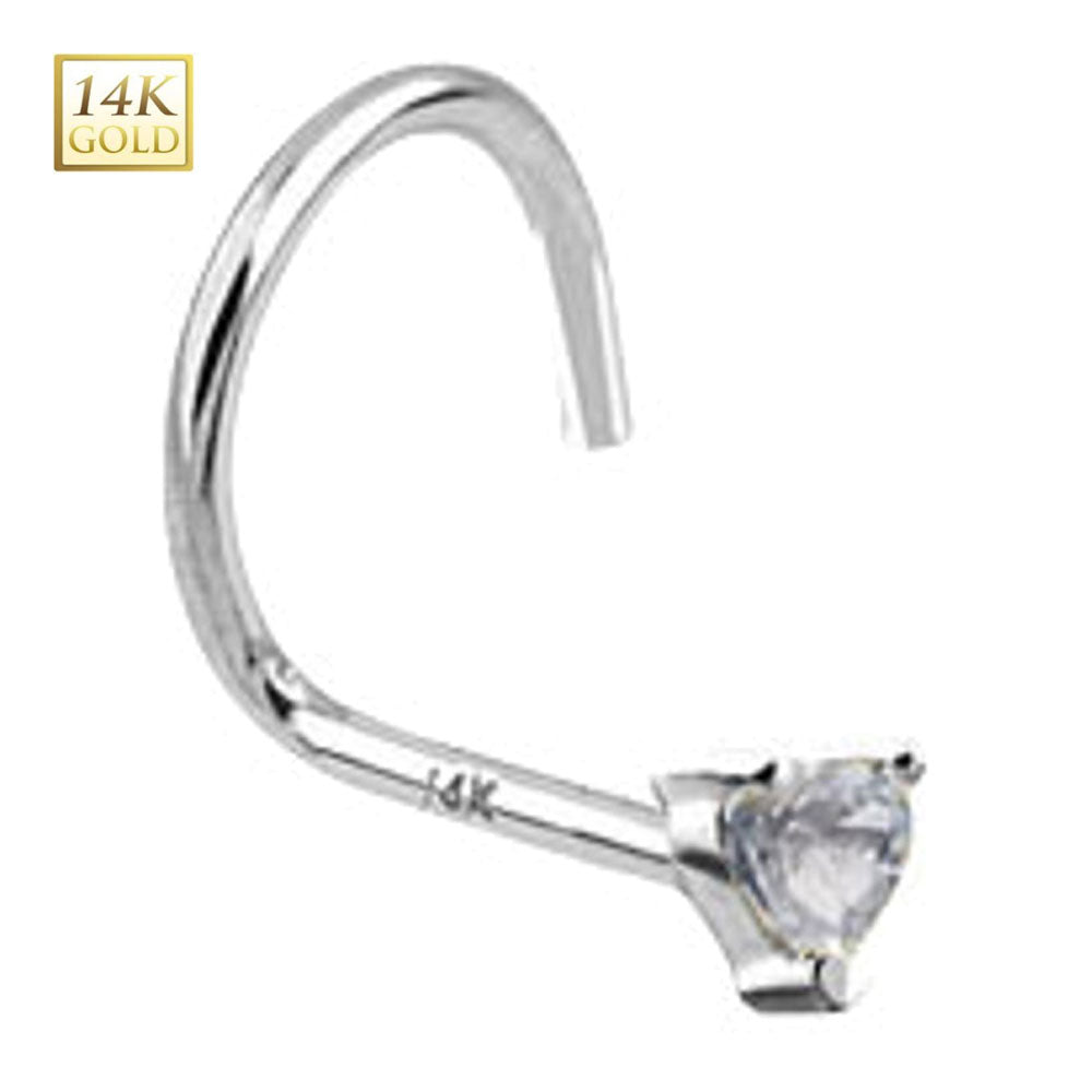 14K White Gold Nose Stud with Clear Heart CZ - 18 & 20 Gauge