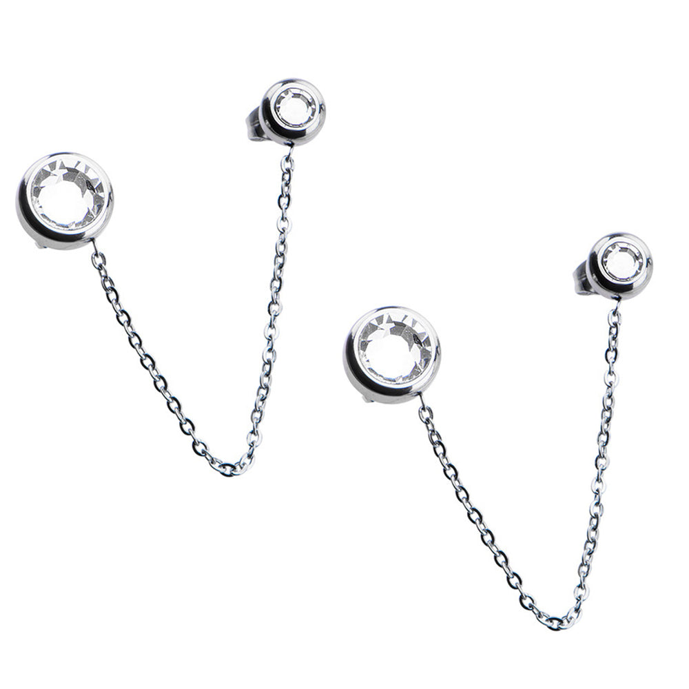 Surgical Steel Clear Opal Double Stud Chain Earrings - Pair