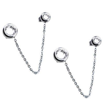 Surgical Steel Clear Opal Double Stud Chain Earrings - Pair