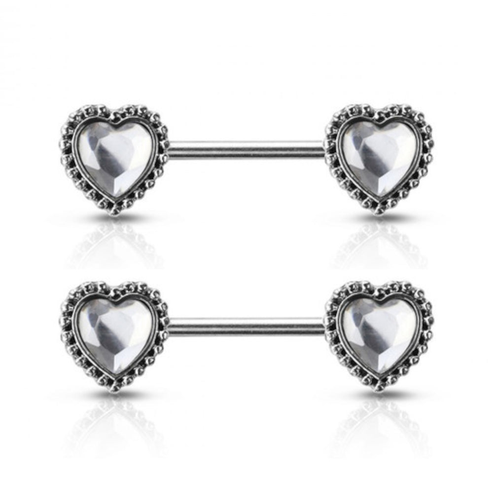 Surgical Steel 14G Glitter Opal Antique Heart Nipple Barbell - Pair
