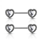 Surgical Steel 14G Glitter Opal Antique Heart Nipple Barbell - Pair