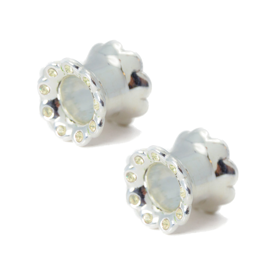 Surgical Steel 00 Gauge Paved CZ Hollow Ear Tunnels - Pair