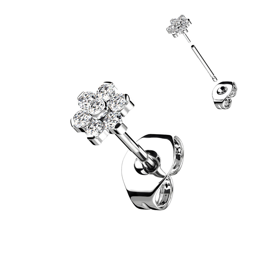 Titanium 20 Gauge CZ Flower End Earring Studs - Pair