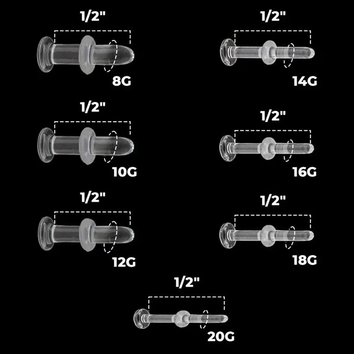 Clear Pyrex Glass Retainer Labret Stud 20 to 8 Gauge - 1/2" - Kruelty