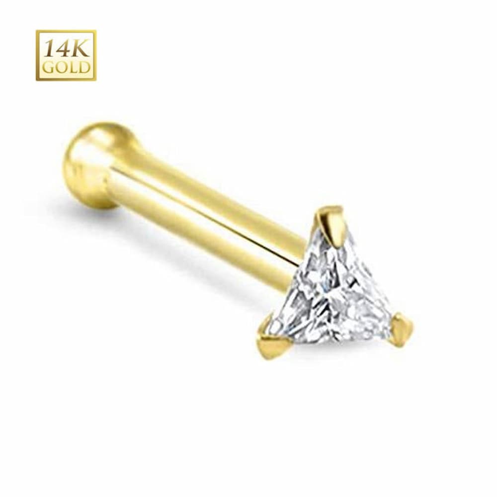 14K Solid Gold 20 Gauge Nose Bone Stud with Clear Triangle CZ