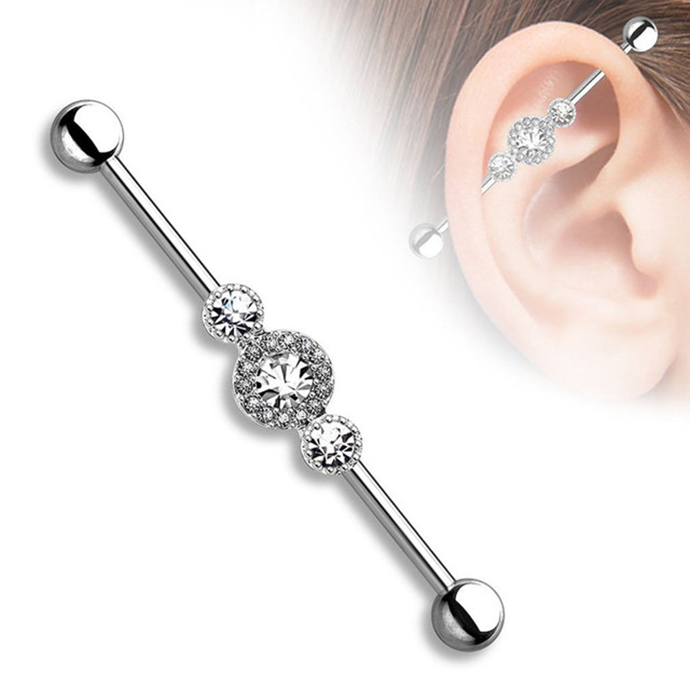 Surgical Steel 14 Gauge Industrial Barbell with Paved Triple CZ - photo 3