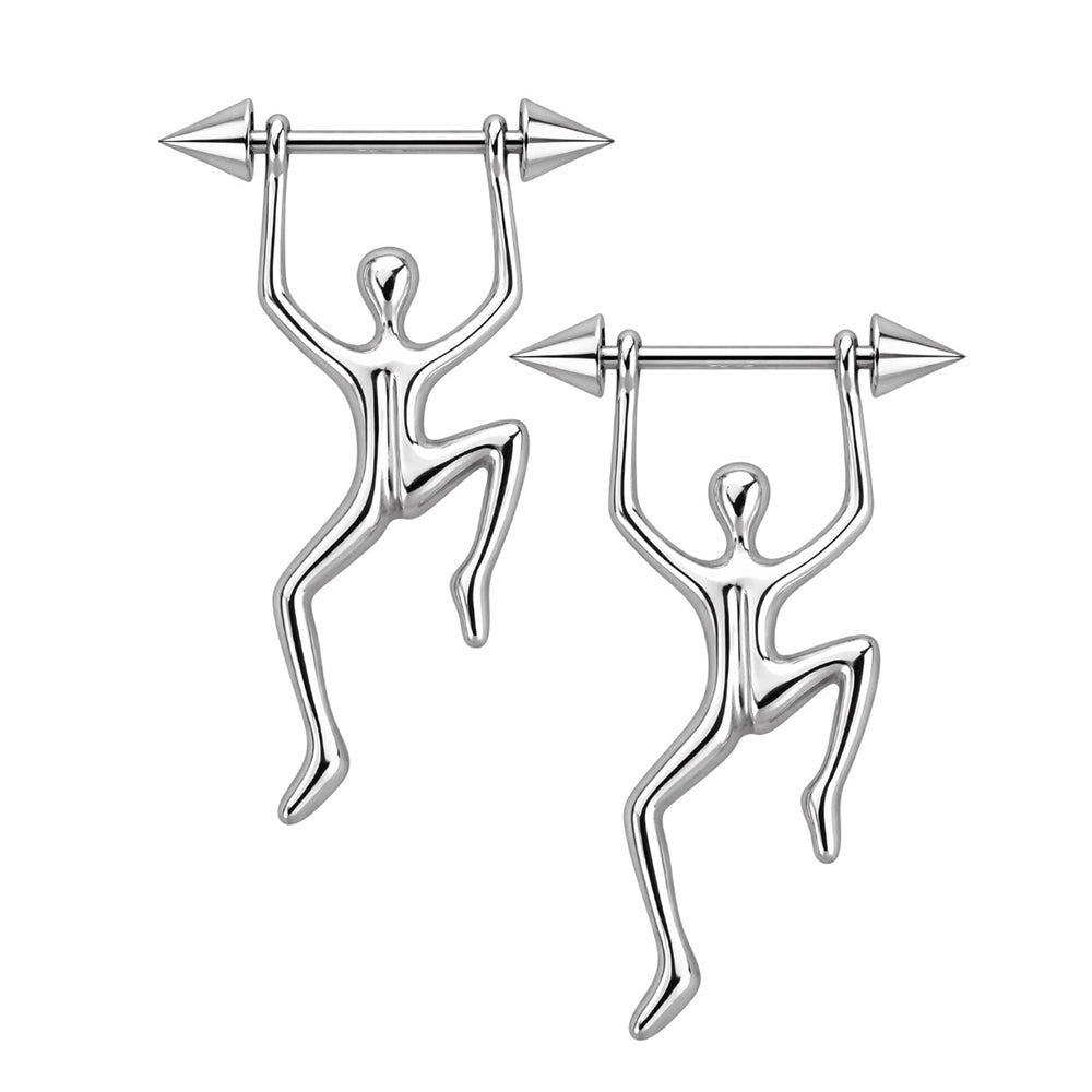 Surgical Steel 14 Gauge Nipple Barbell Spike With Climbing Figure - Pair