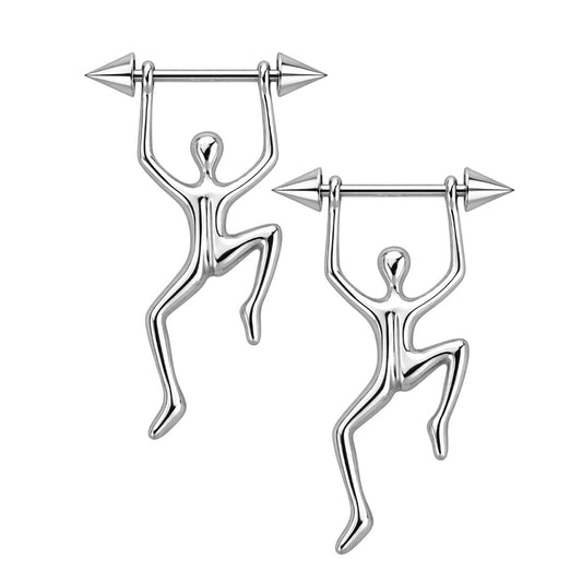 Surgical Steel 14 Gauge Nipple Barbell Spike With Climbing Figure - Pair