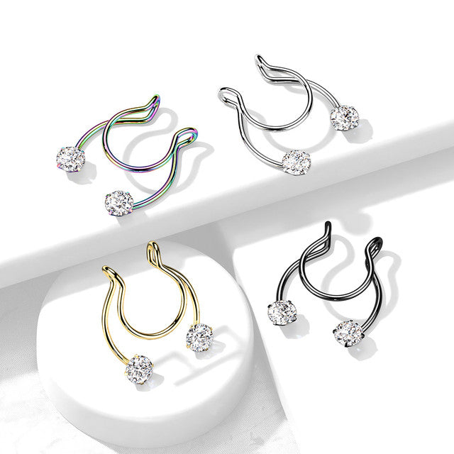 Surgical Steel Horseshoe CZ Fake Clip On Ring