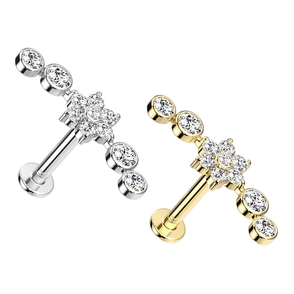 14K Solid Gold 16 to 18 Gauge Cluster CZ Flower Labret Stud