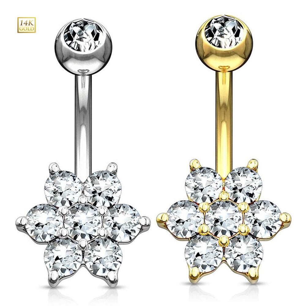 14K Solid Gold 14 Gauge Belly Ring with Cluster CZ Flower
