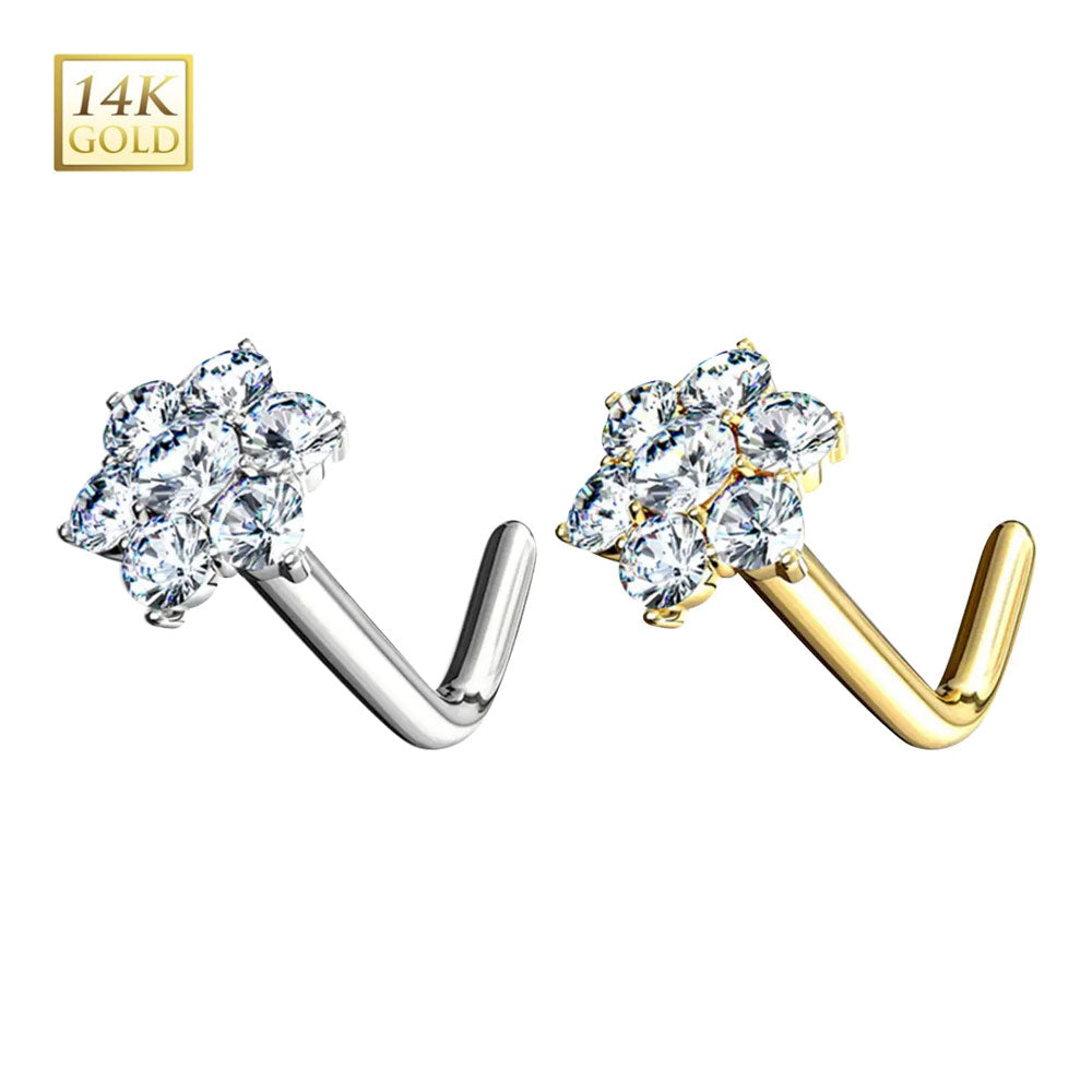 14K Solid Gold 18 & 20 Gauge Cluster CZ Flower L Shaped Nose Stud
