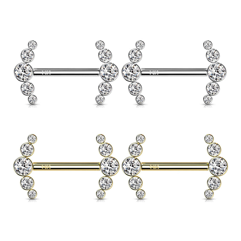 14K Solid Gold 14 Gauge Cluster CZ Nipple Barbell - Pair