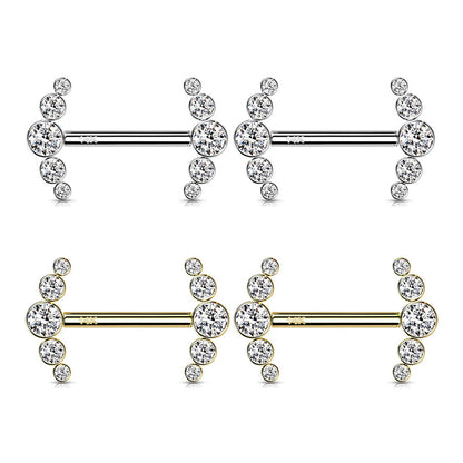 14K Solid Gold 14 Gauge Cluster CZ Nipple Barbell - Pair