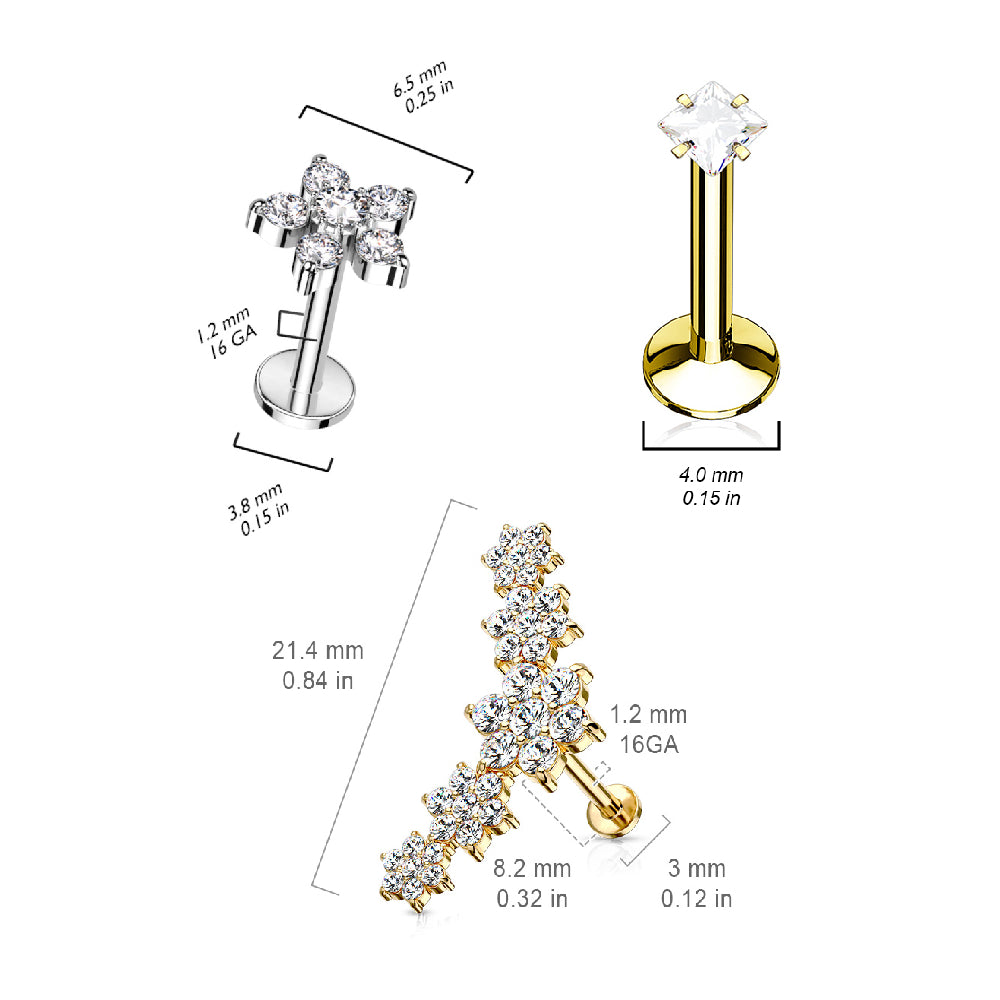 Surgical Steel Cluster Flower CZ Labret Studs 16G 8mm - 3 Pack - photo 3
