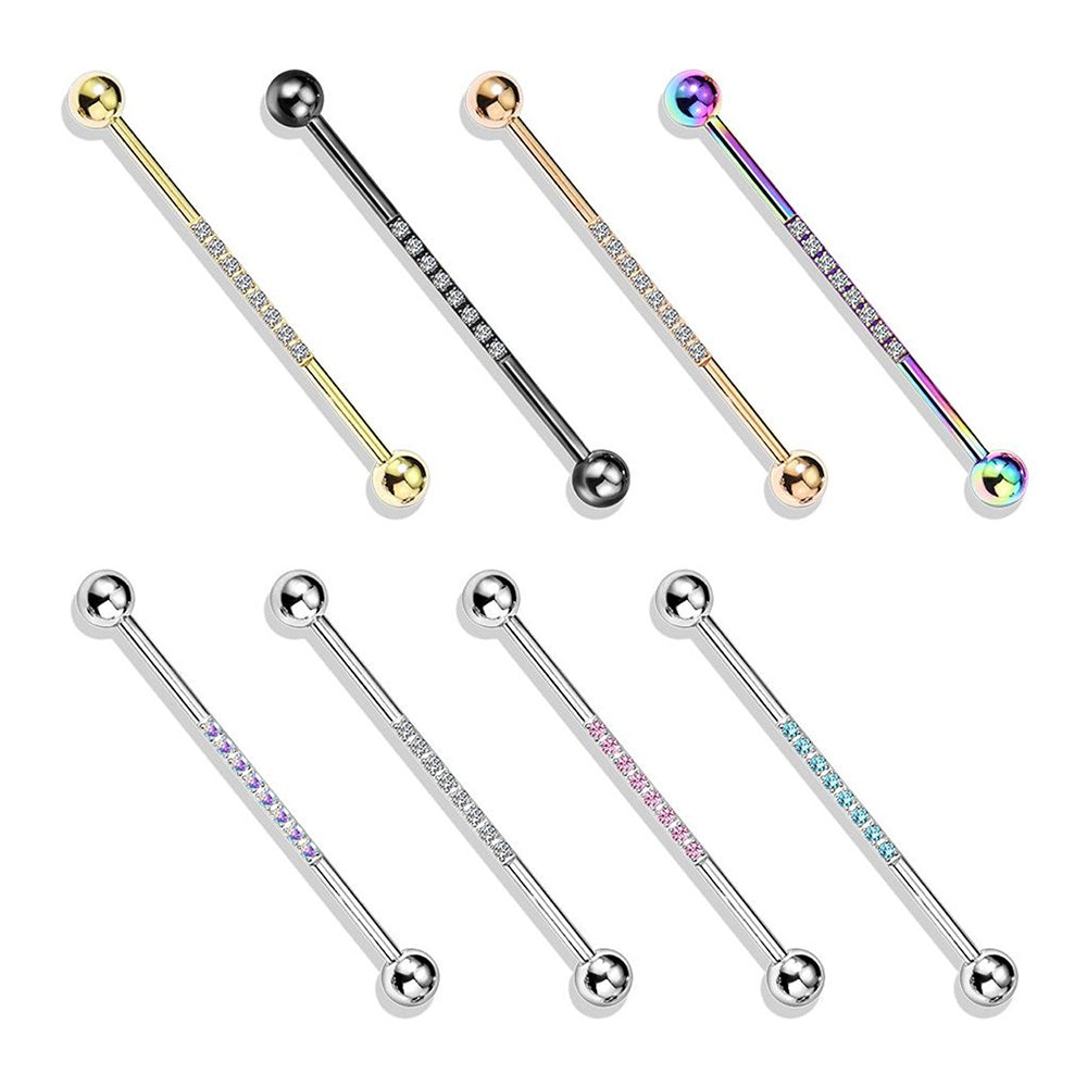 Surgical Steel 14 Gauge Industrial Barbell with CNC Lined CZ